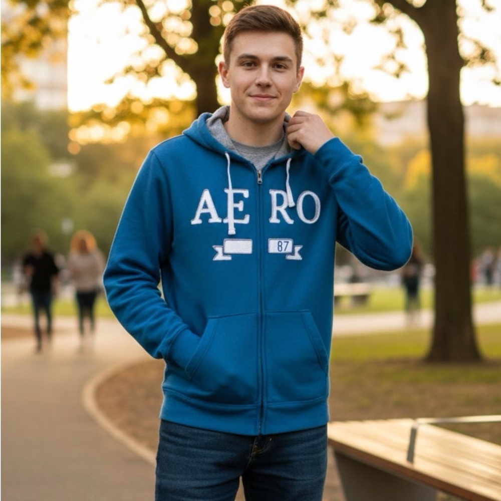 Aeropostale Zipper Hoodie Sweatshirt Cerulean Blue White Gray Jacket Coat Gift M - Picture 1 of 16